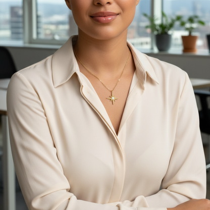 Gold North Star pendant necklace with luminous glass centre, symbolising guidance, balance, and hope.