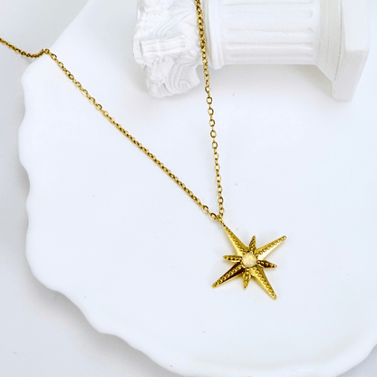 Gold North Star pendant necklace with luminous glass centre, symbolising guidance, balance, and hope.