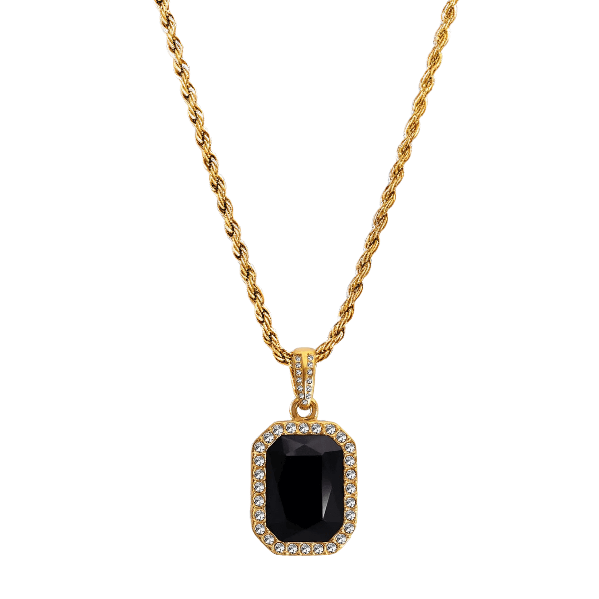 Gold onyx halo necklace with rectangular black zircon pendant and crystal halo on gold rope chain.