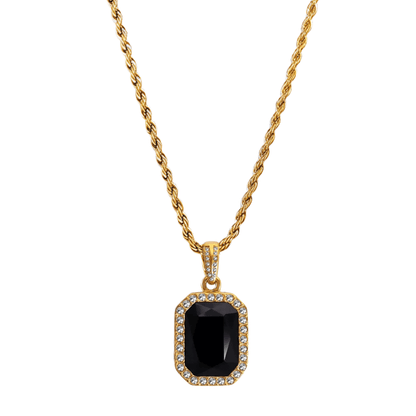Gold onyx halo necklace with rectangular black zircon pendant and crystal halo on gold rope chain.