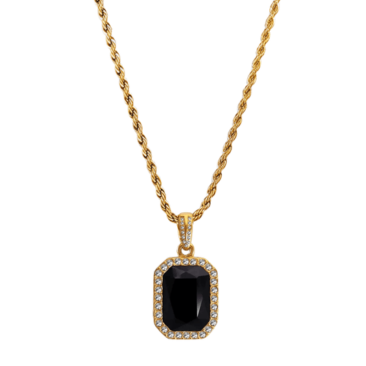 Gold onyx halo necklace with rectangular black zircon pendant and crystal halo on gold rope chain.