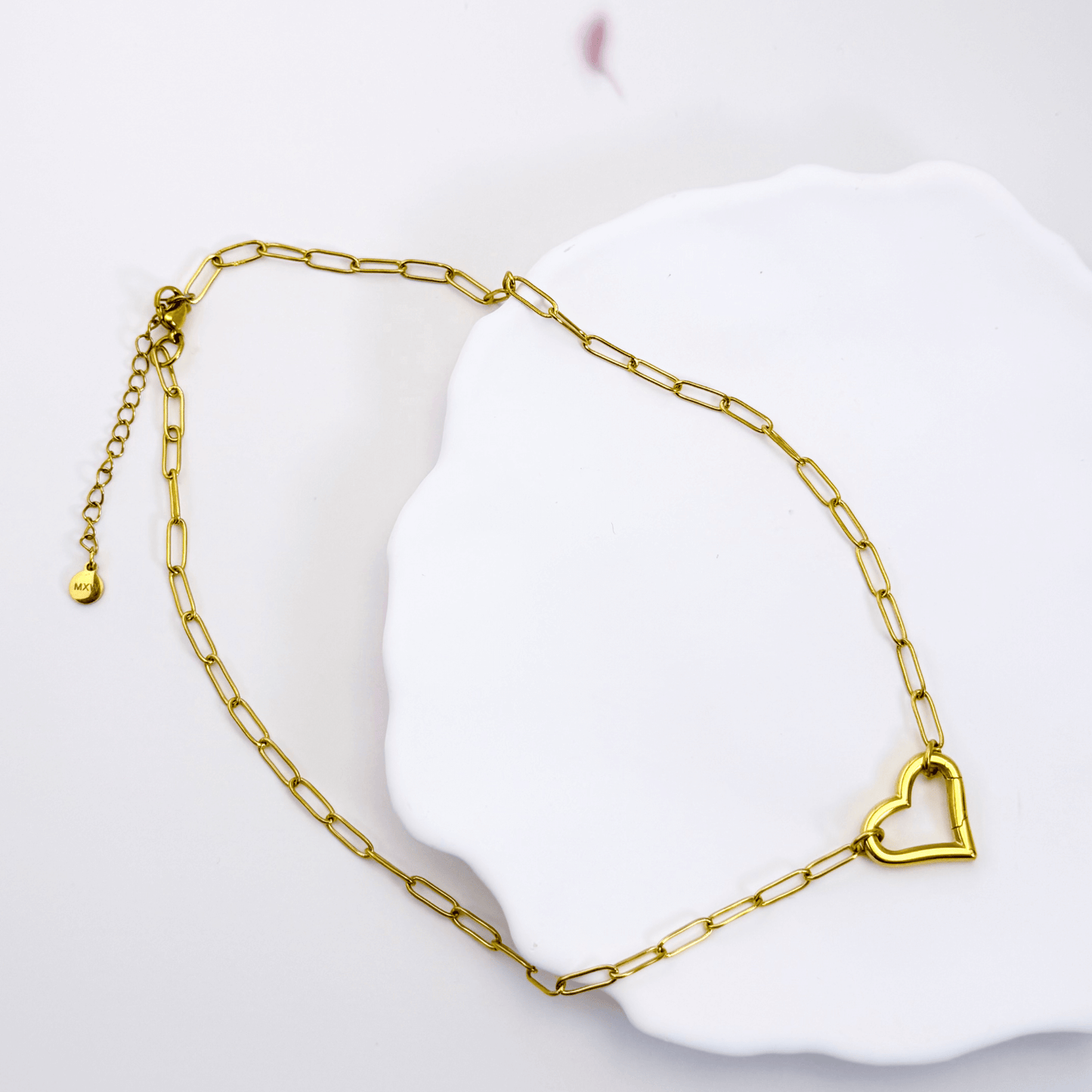 Gold openable heart paperclip chain necklace — minimalist waterproof jewellery by MXW