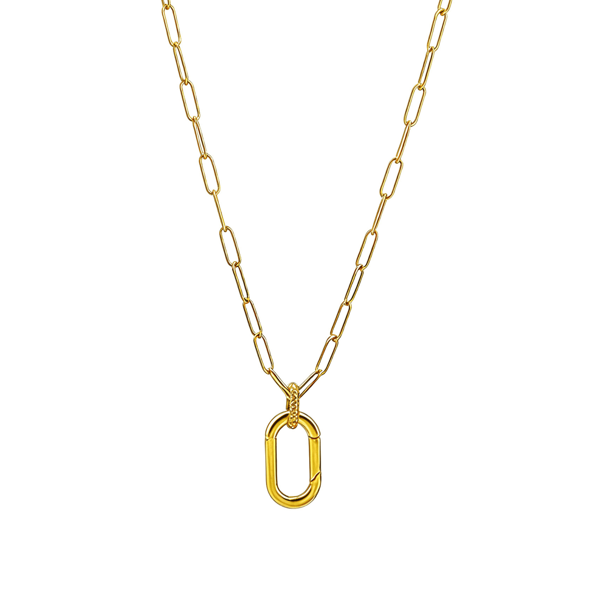 Gold openable link chain necklace with oval connector clasp, designed for adding charms or pendants.