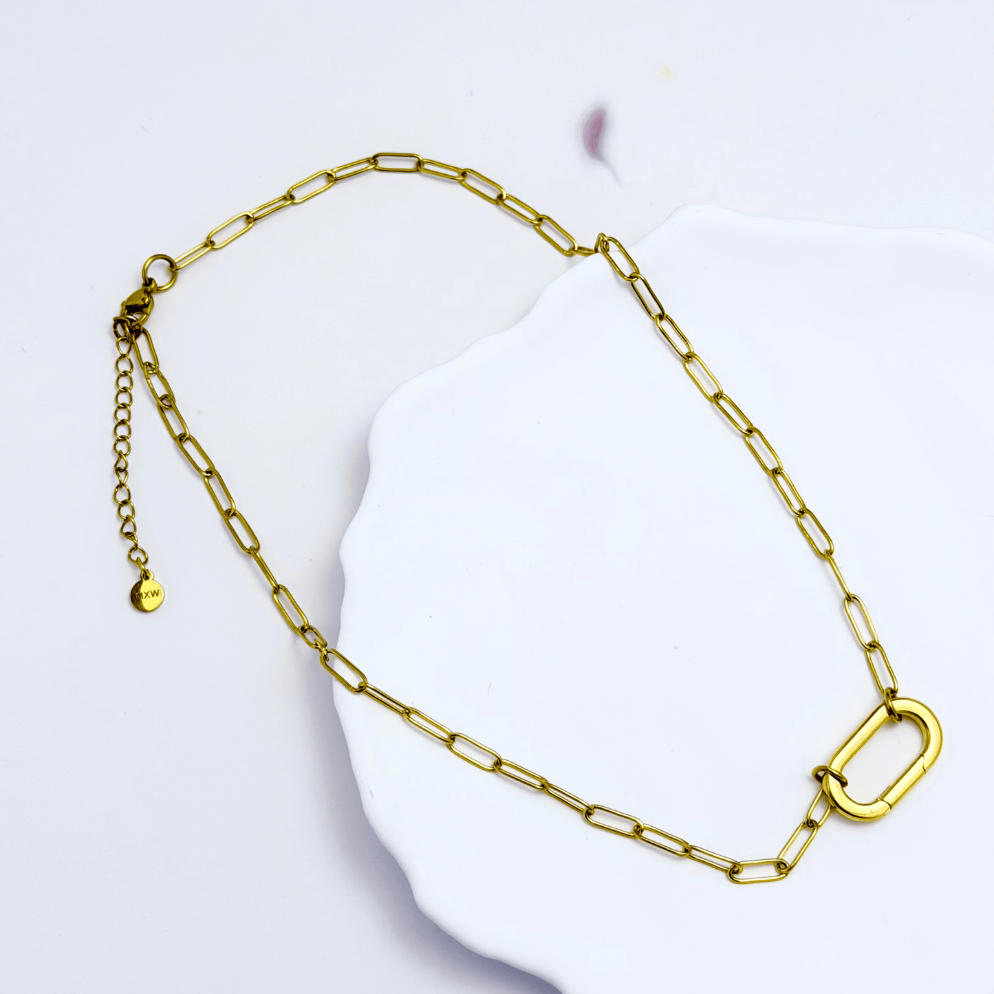 modern gold paperclip chain necklace with openable connector link