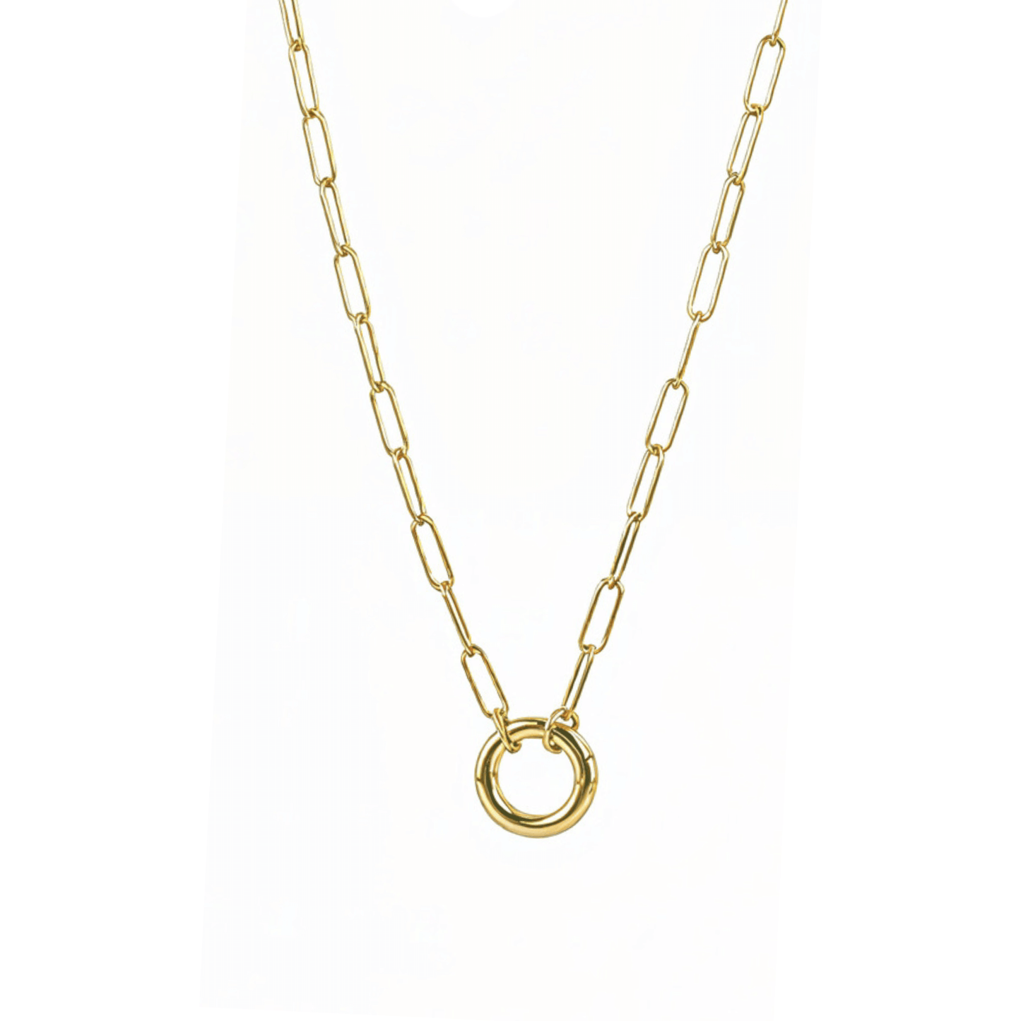 gold openable ring paperclip chain necklace on model – minimal charm holder waterproof jewellery