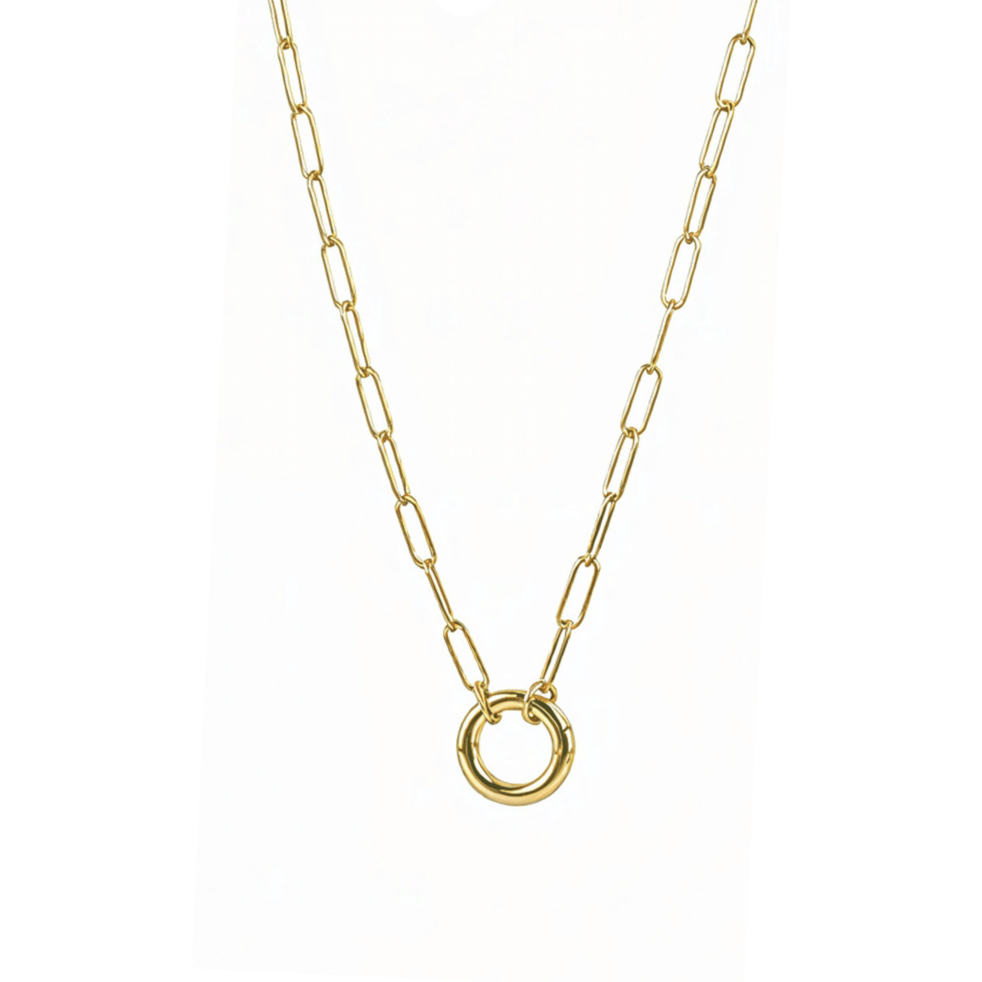 gold openable ring paperclip chain necklace on model – minimal charm holder waterproof jewellery