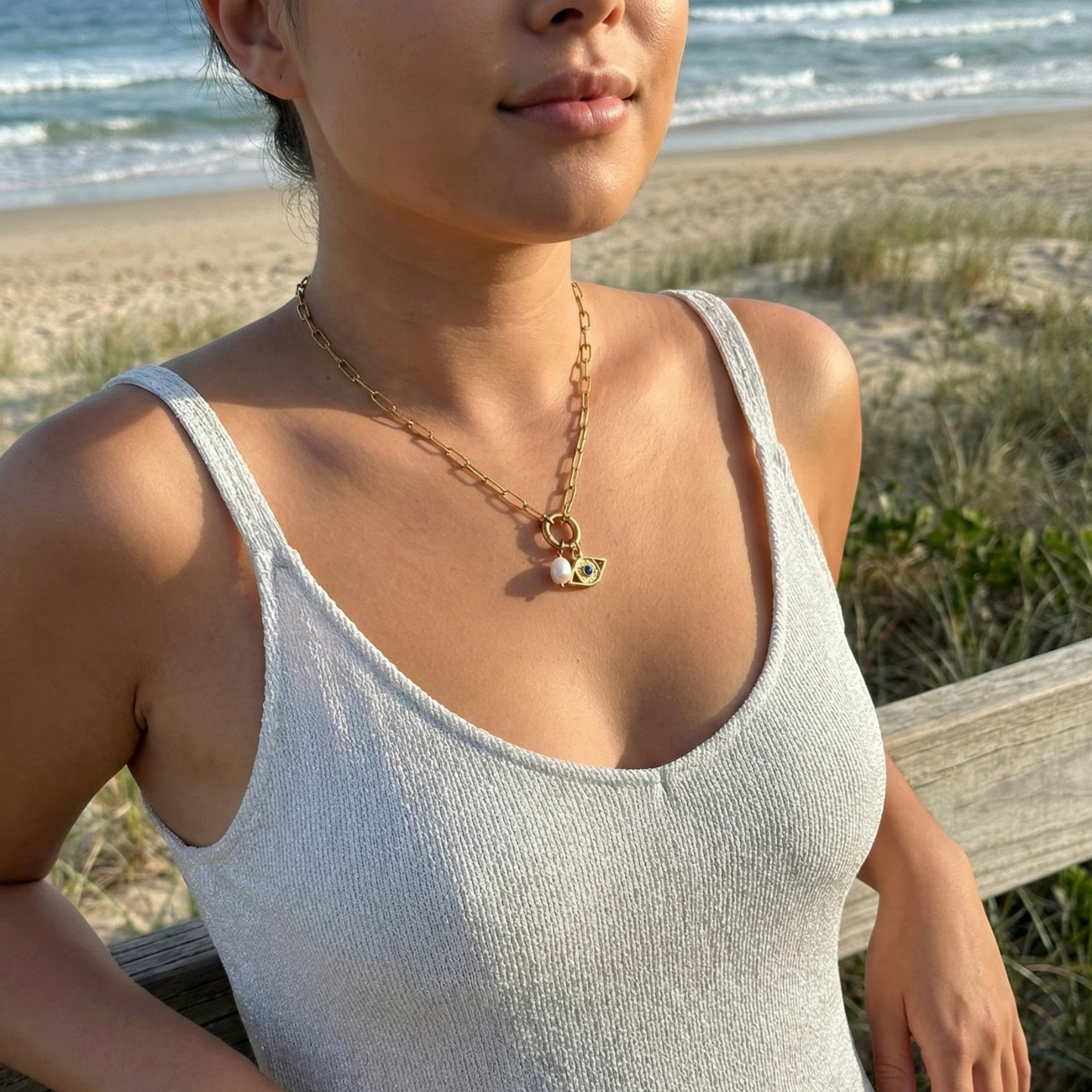 gold openable ring paperclip chain necklace on model – minimal charm holder waterproof jewellery