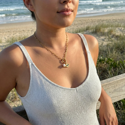 gold openable ring paperclip chain necklace on model – minimal charm holder waterproof jewellery