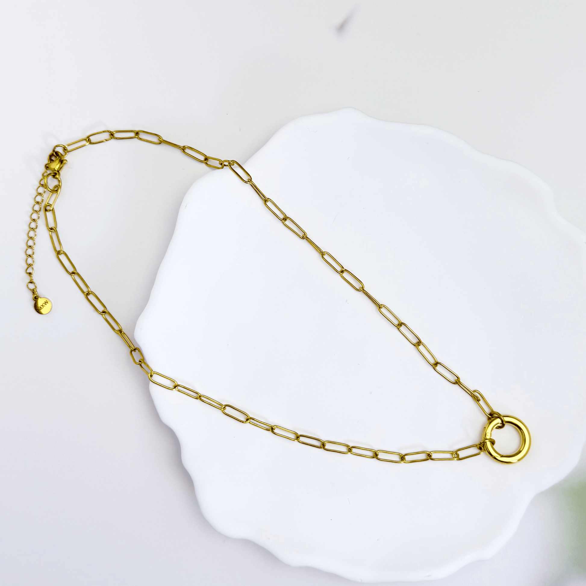 gold openable ring paperclip chain necklace on model – minimal charm holder waterproof jewellery