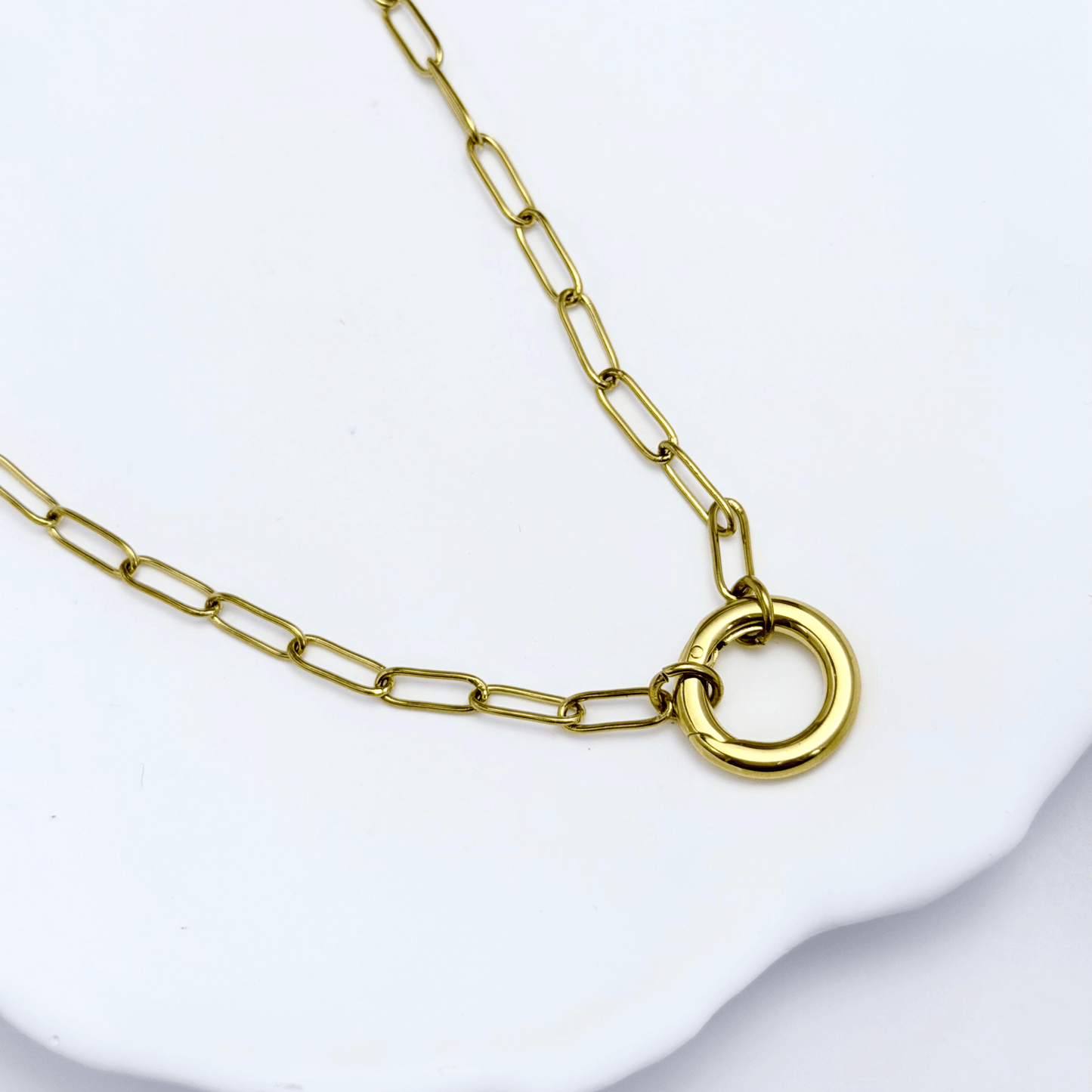 gold openable ring paperclip chain necklace on model – minimal charm holder waterproof jewellery