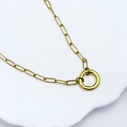 gold openable ring paperclip chain necklace on model – minimal charm holder waterproof jewellery