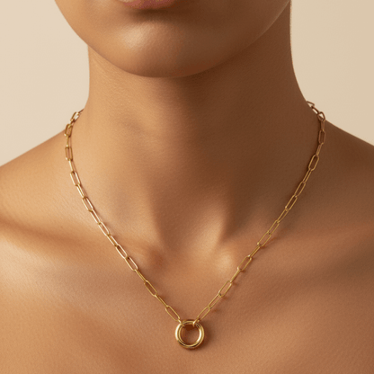 gold openable ring paperclip chain necklace on model – minimal charm holder waterproof jewellery