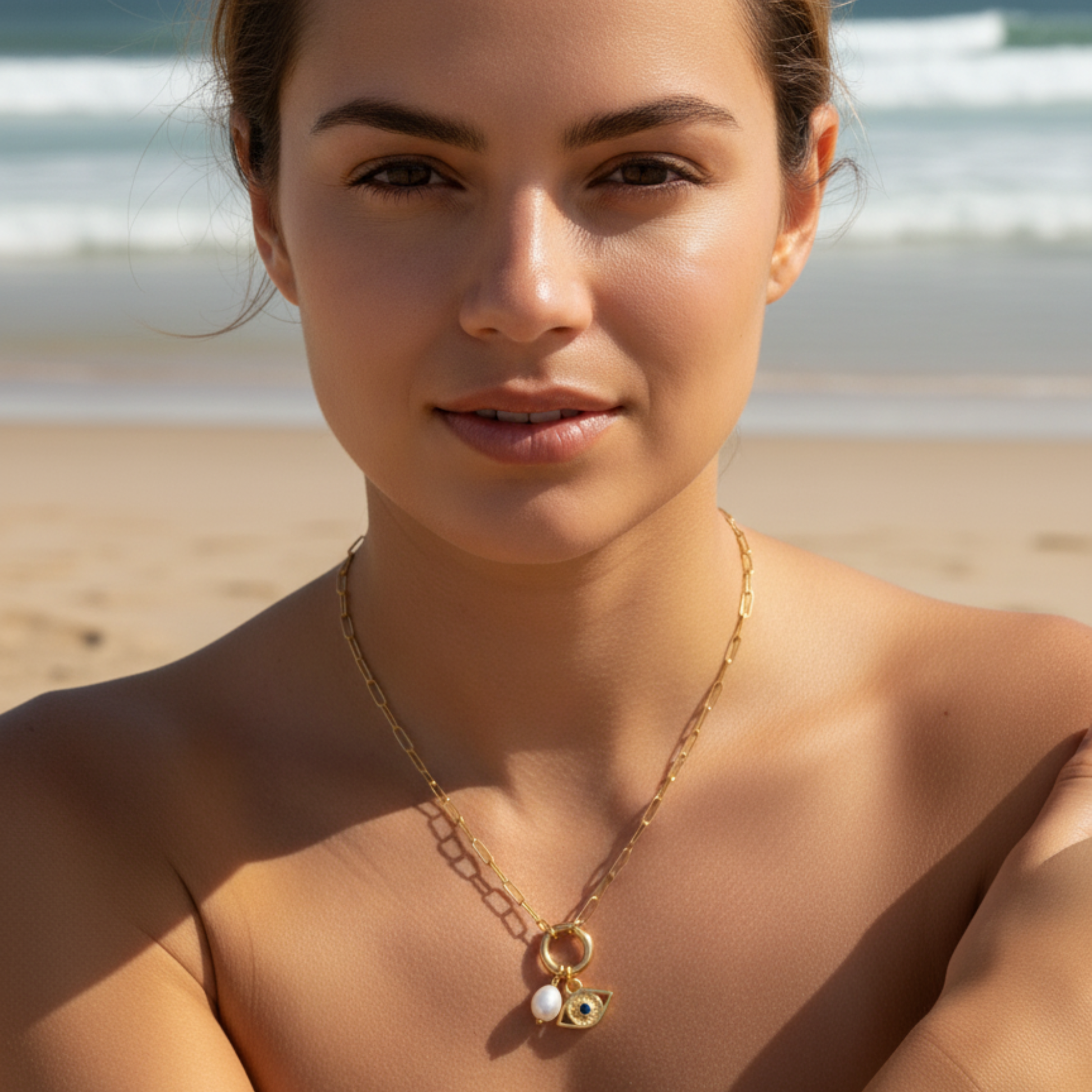 gold openable ring paperclip chain necklace on model – minimal charm holder waterproof jewellery