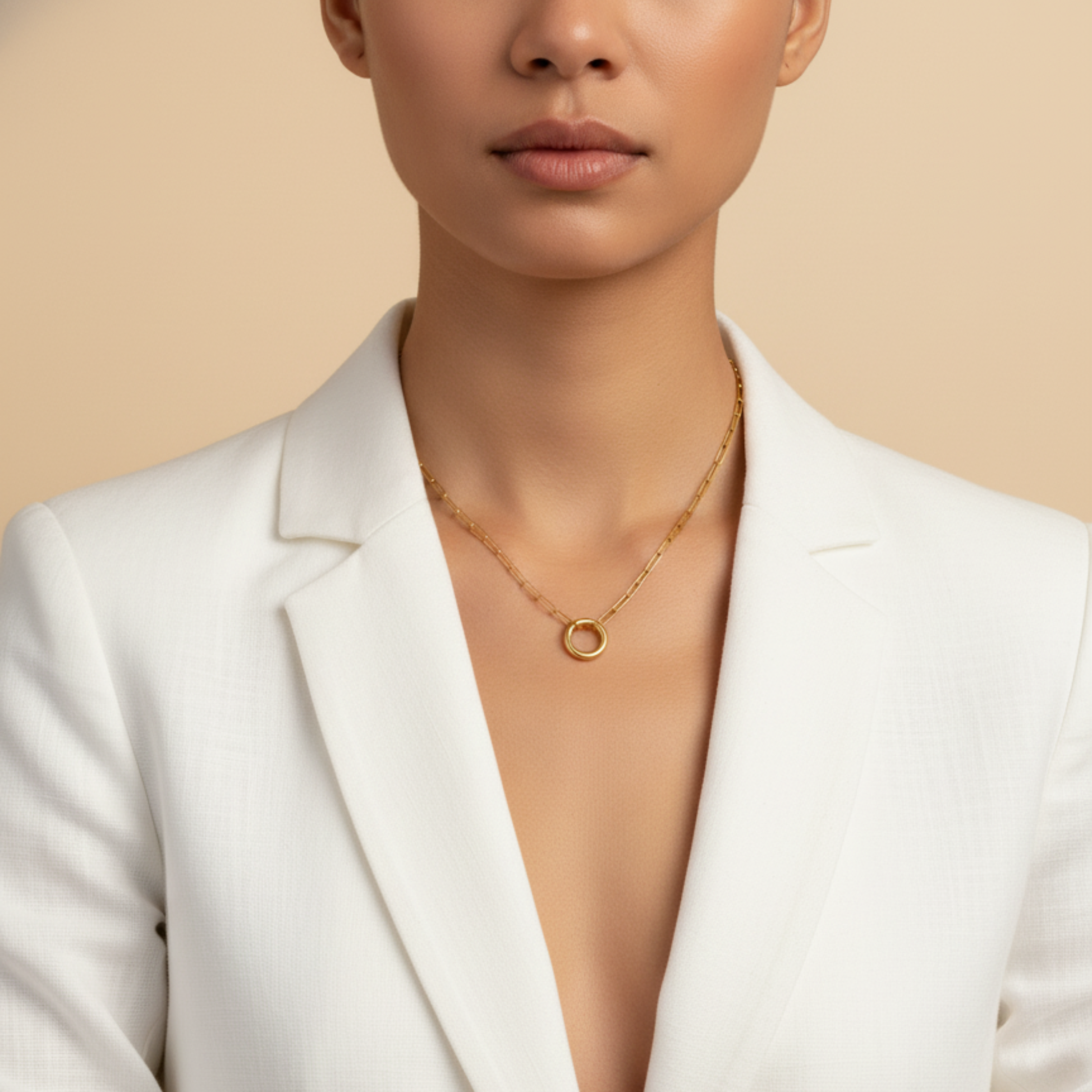 gold openable ring paperclip chain necklace on model – minimal charm holder waterproof jewellery