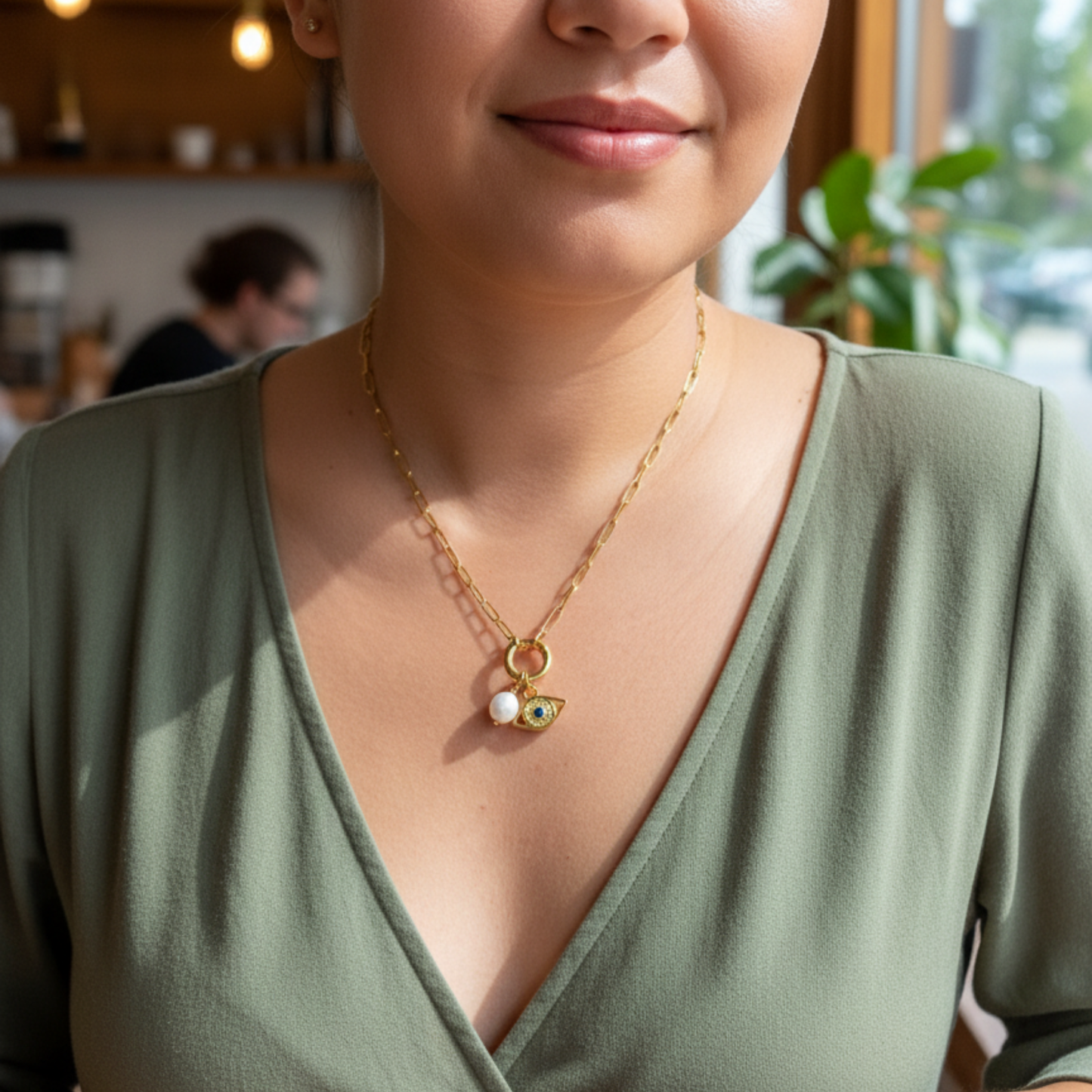 gold openable ring paperclip chain necklace on model – minimal charm holder waterproof jewellery