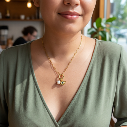 gold openable ring paperclip chain necklace on model – minimal charm holder waterproof jewellery