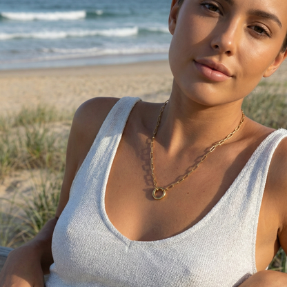 gold openable ring paperclip chain necklace on model – minimal charm holder waterproof jewellery