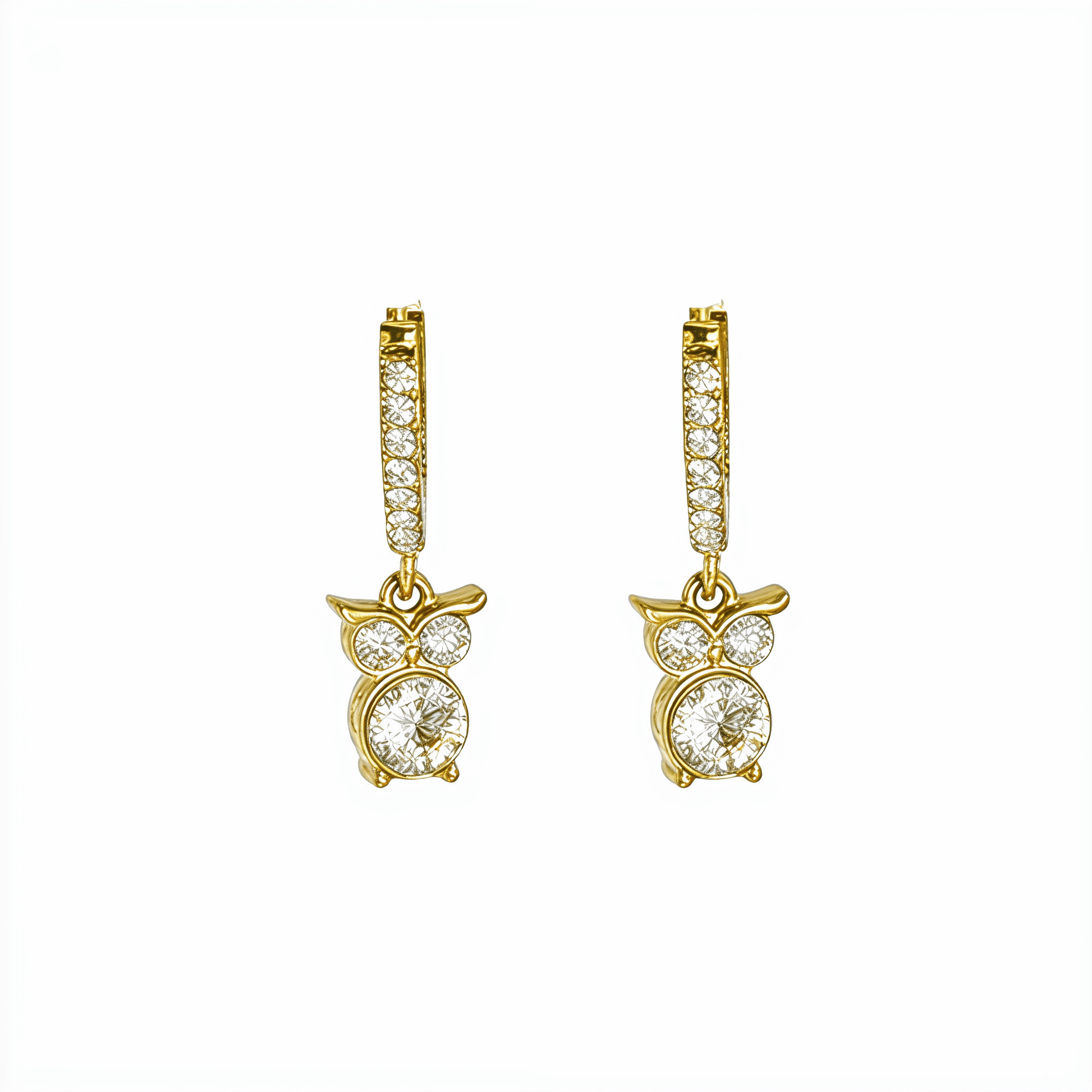 Gold huggie hoop earrings featuring a dangling crystal owl charm with a large solitaire body stone by MXW Jewellery