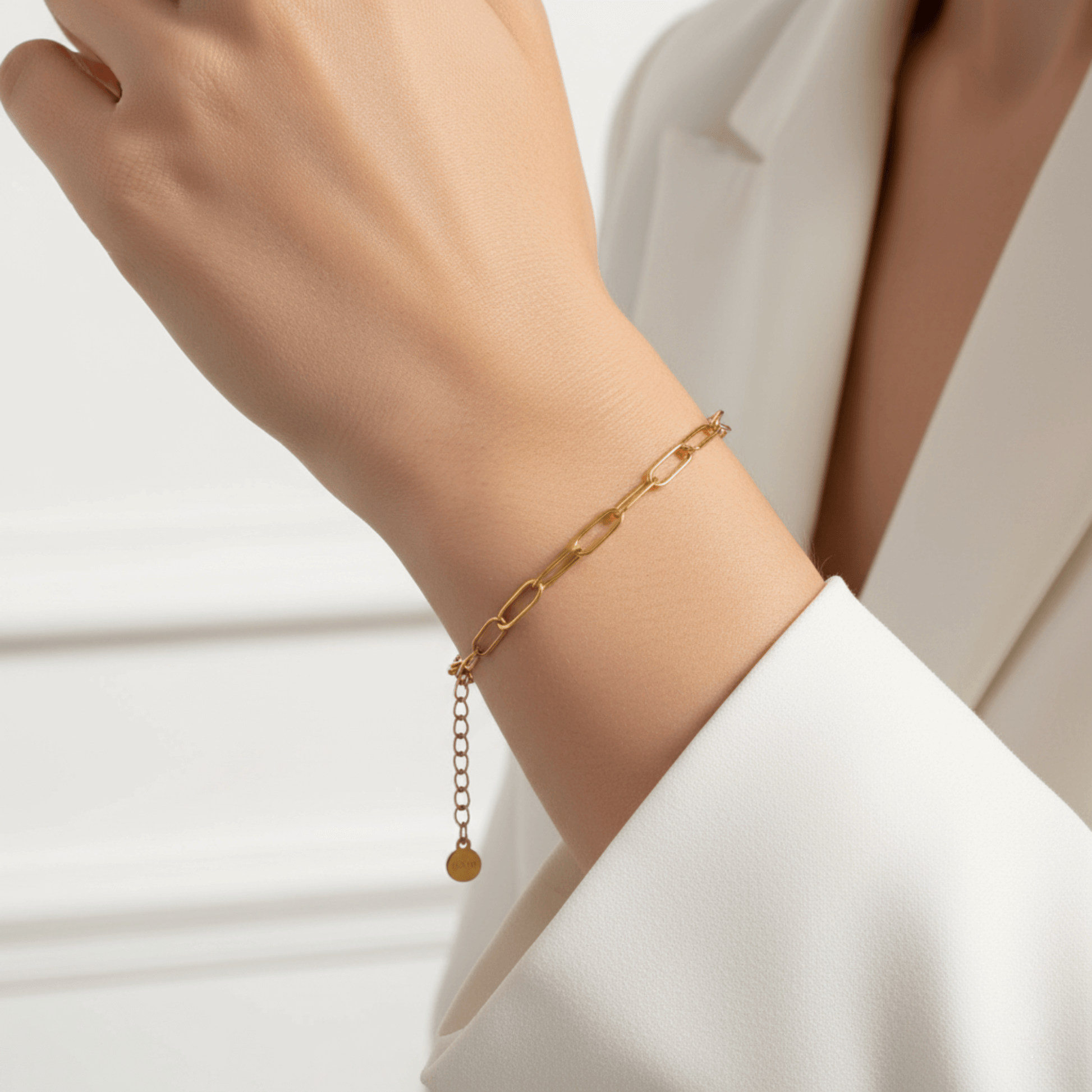 Gold paperclip chain bracelet with elongated oval links, waterproof minimal gold bracelet by MXW Jewellery.