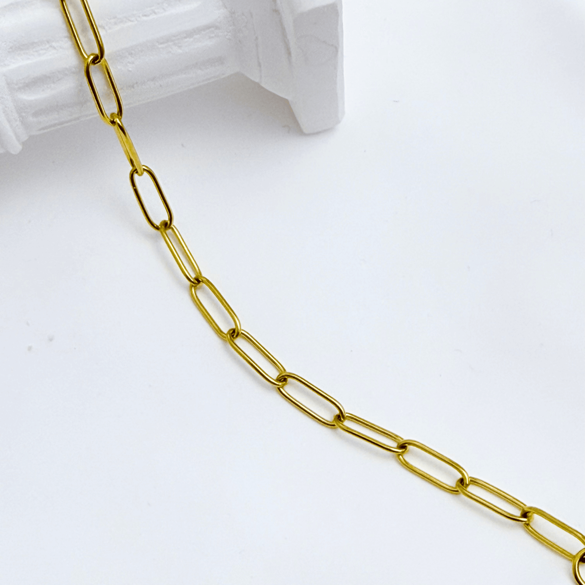 Gold paperclip chain bracelet with elongated oval links, waterproof minimal gold bracelet by MXW Jewellery.
