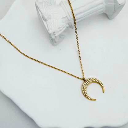 Gold pavé crescent moon necklace with sparkling crystals - MXW Jewellery