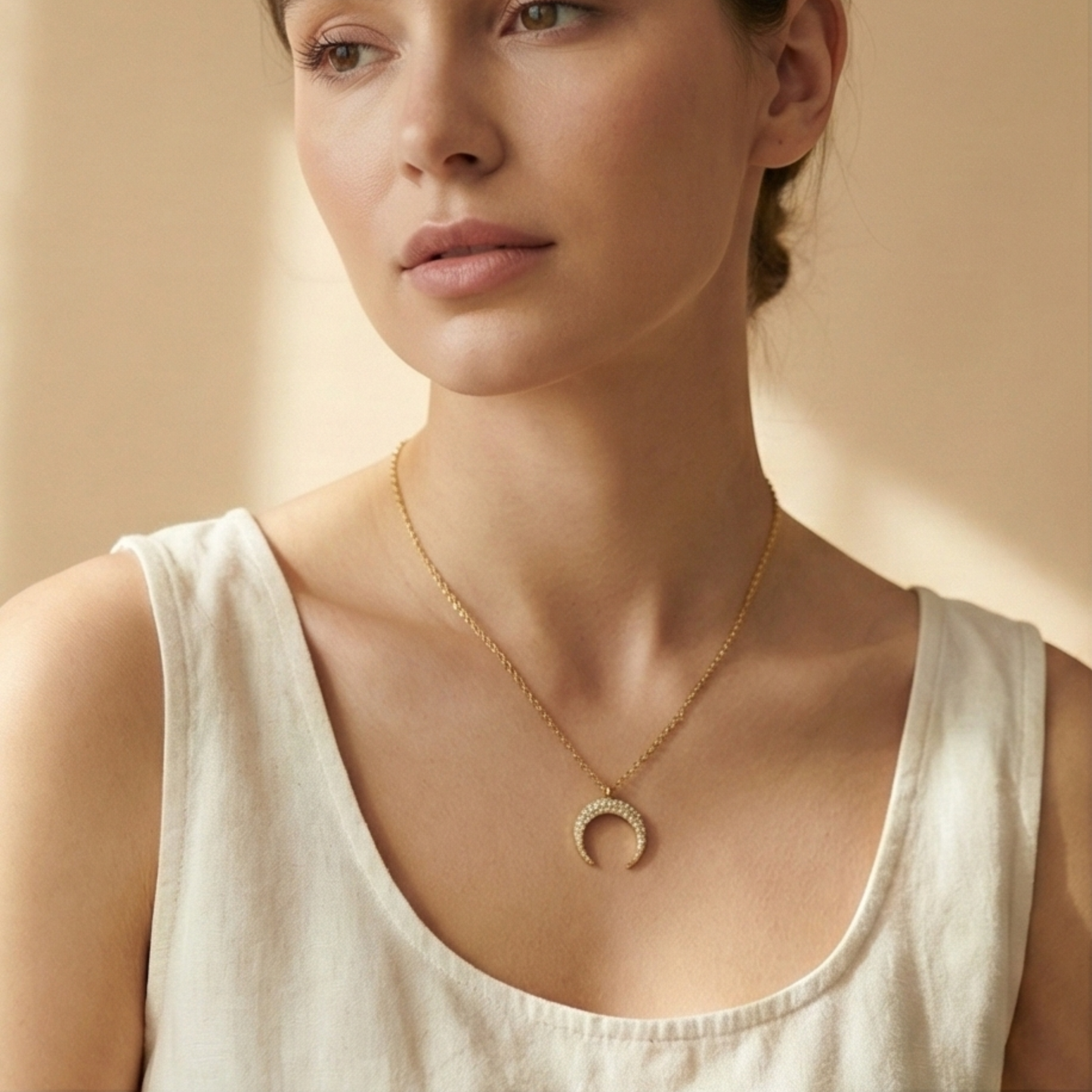 Gold pavé crescent moon necklace with sparkling crystals - MXW Jewellery