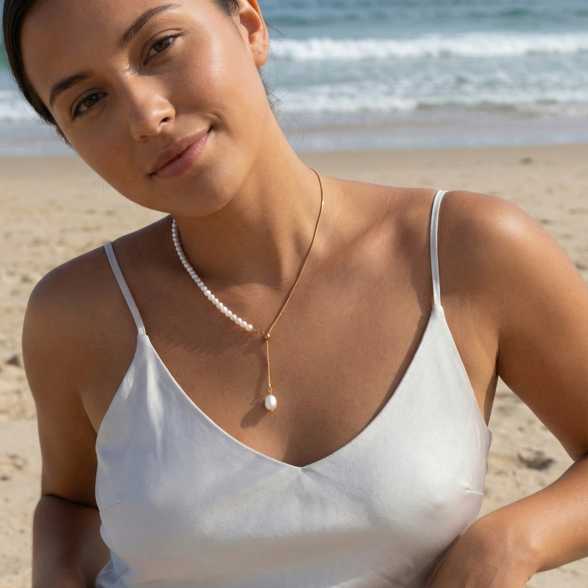 Gold Pearl Lariat Necklace – MXW Jewellery