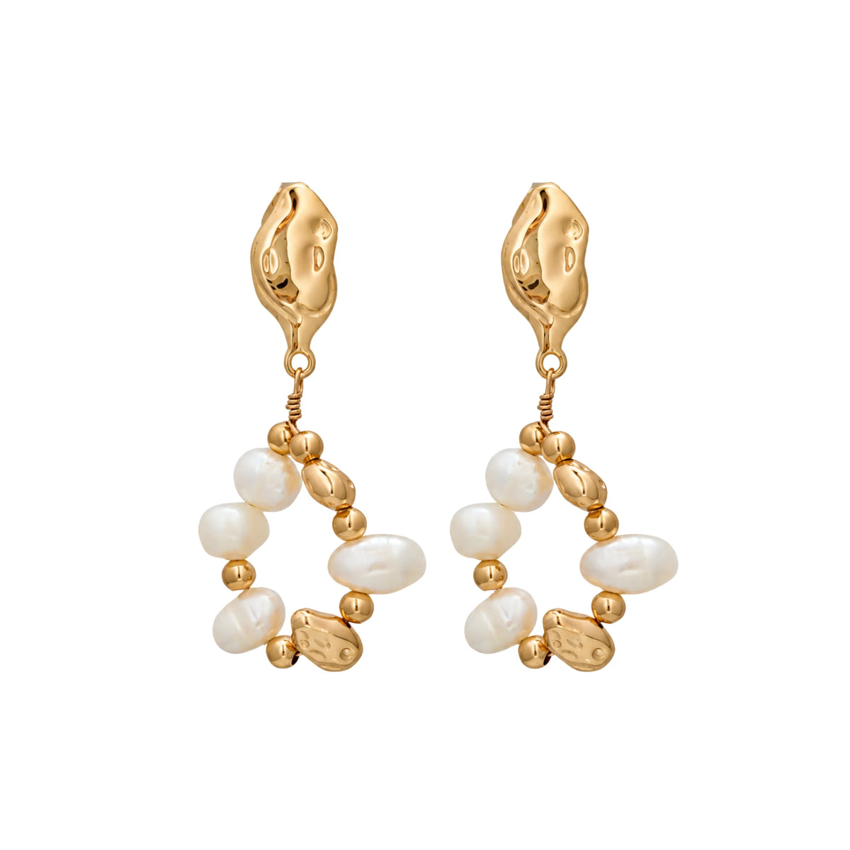 MXW Jewellery Gold vermeil drop earring with freshwater pearls, gold beads and hammered nuggets in an open loop below a textured stud