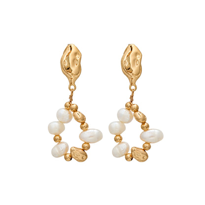 MXW Jewellery Gold vermeil drop earring with freshwater pearls, gold beads and hammered nuggets in an open loop below a textured stud
