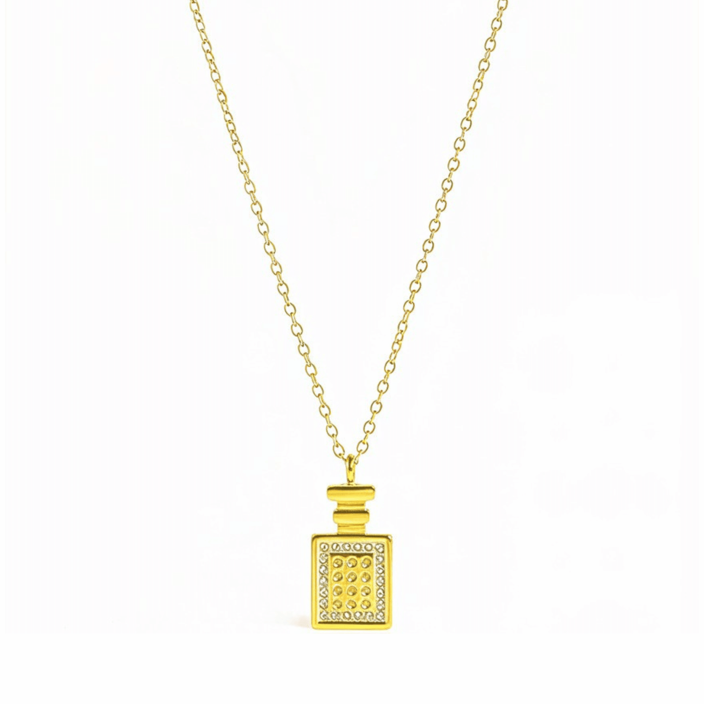 Gold perfume bottle pendant necklace with crystal detailing, symbolising elegance and charm.