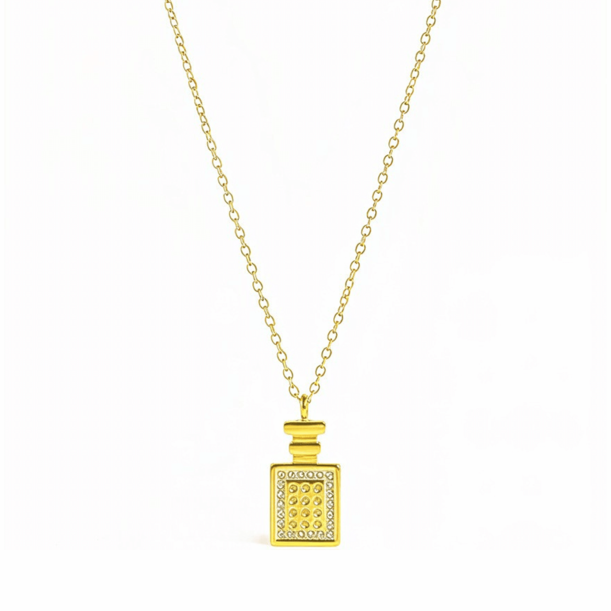 Gold perfume bottle pendant necklace with crystal detailing, symbolising elegance and charm.