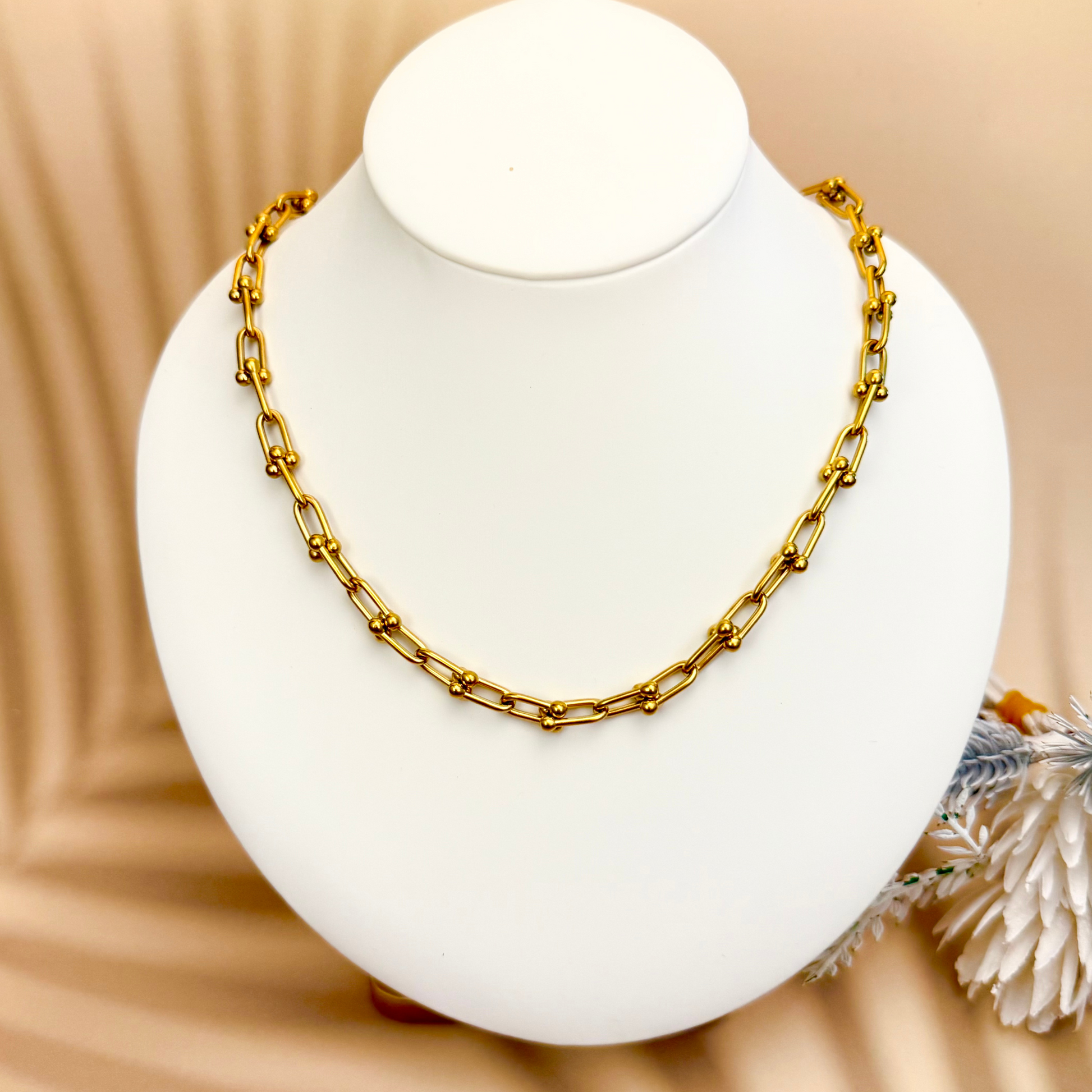 Gold Plated Stainless Steel Beaded Paperclip Chain with delicate bead details, waterproof, tarnish-resistant, and versatile for necklaces, bracelets, or anklets.