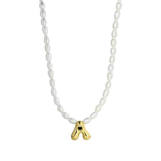 Gold Puffy Initial Pearl Necklace – MXW Jewellery