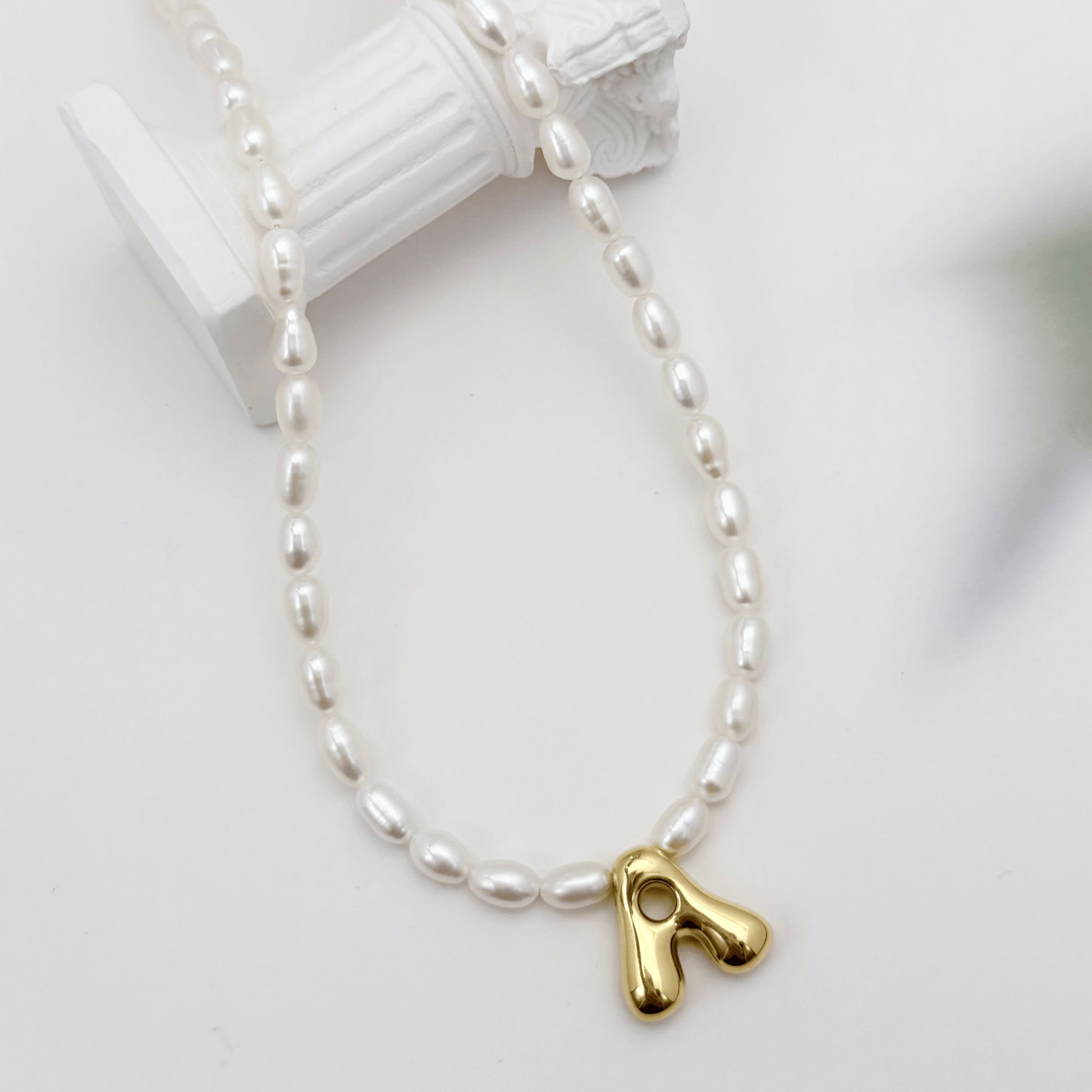 Gold Puffy Initial Pearl Necklace – MXW Jewellery