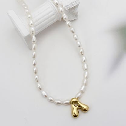 Gold Puffy Initial Pearl Necklace – MXW Jewellery