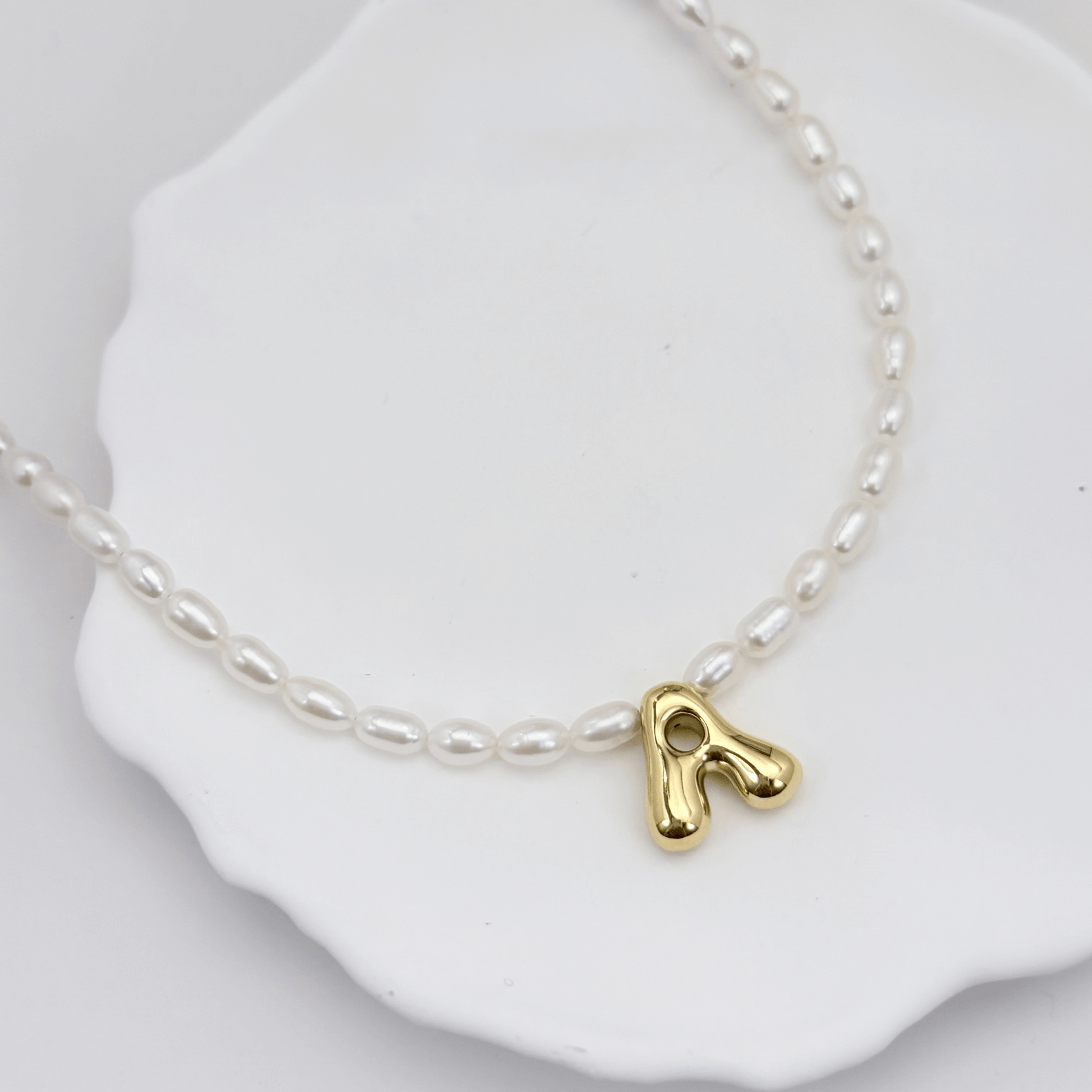 Gold Puffy Initial Pearl Necklace – MXW Jewellery
