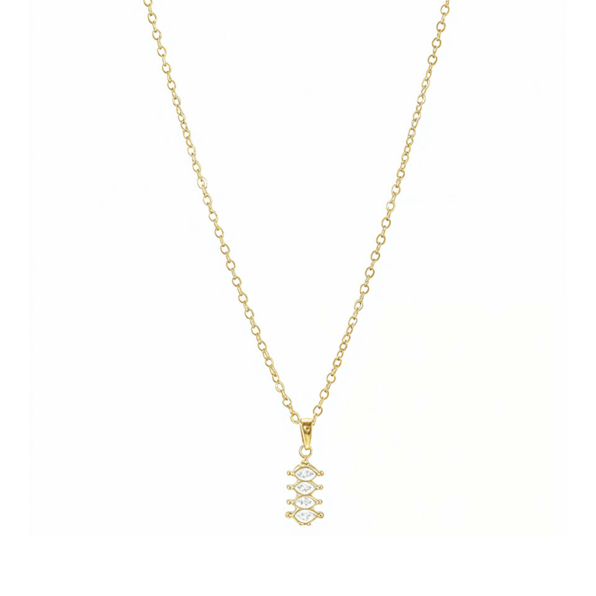 gold quad marquise crystal necklace with four clear navette stones on fine gold chain