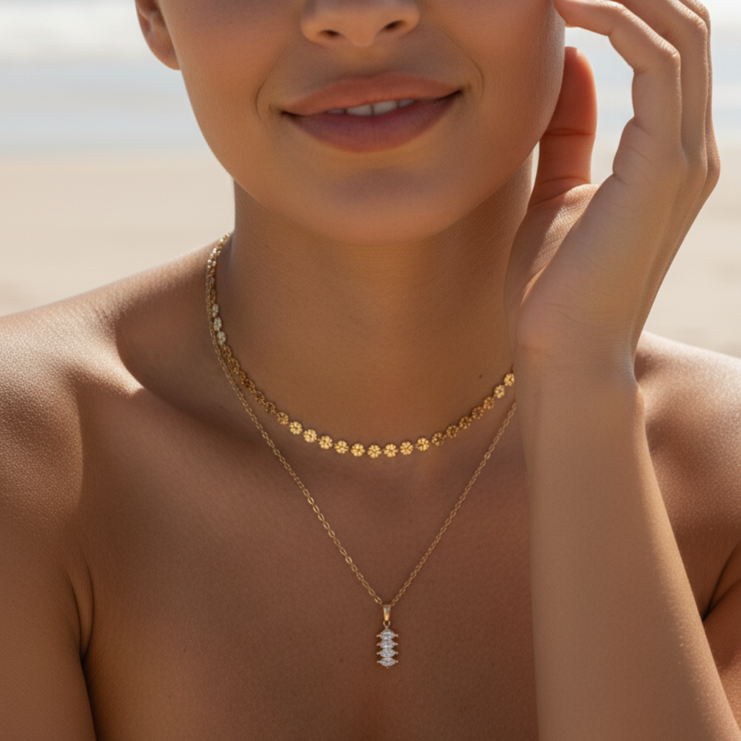 gold quad marquise crystal necklace with four clear navette stones on fine gold chain