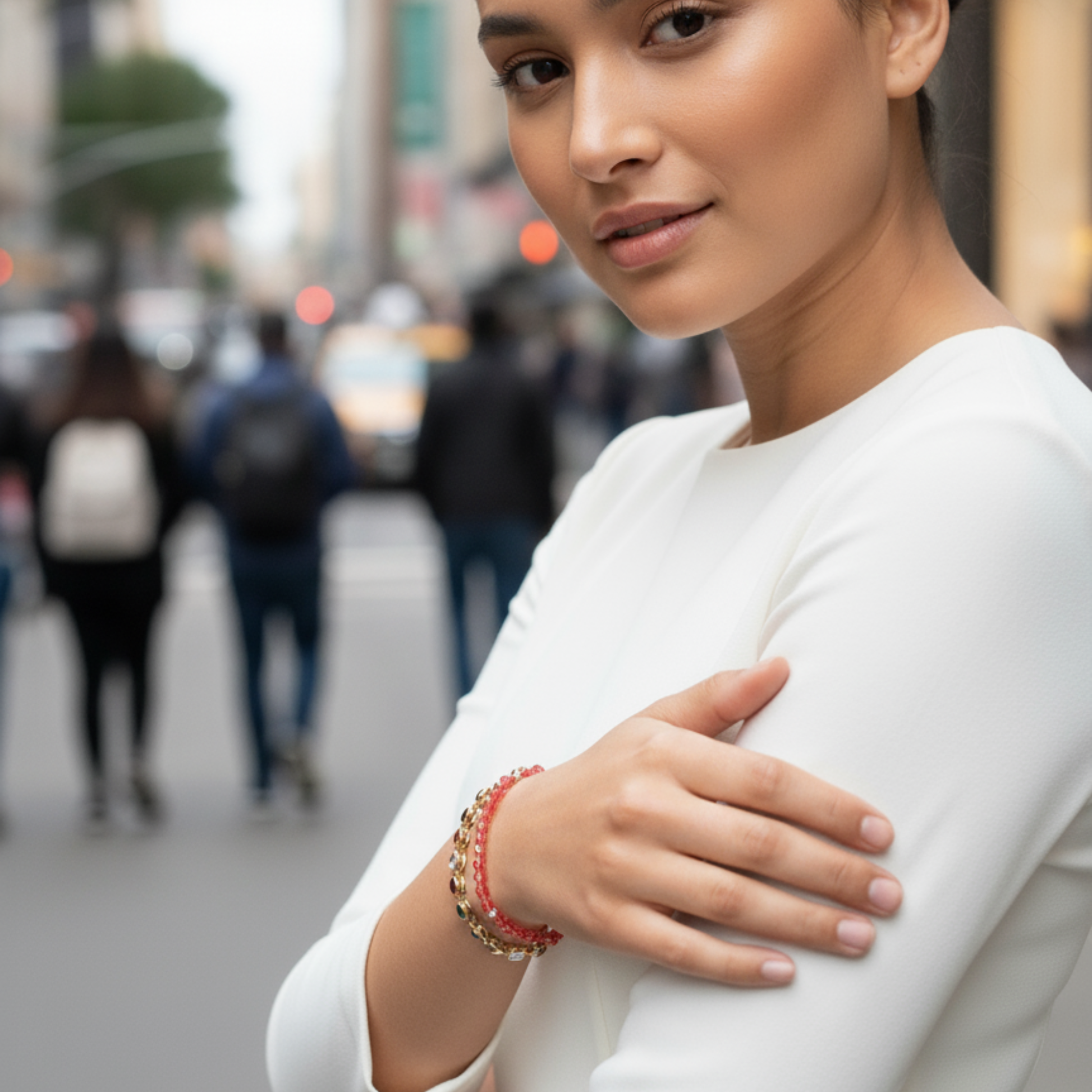 Gold rainbow crystal tennis bracelet with multi-coloured bezel-set stones.