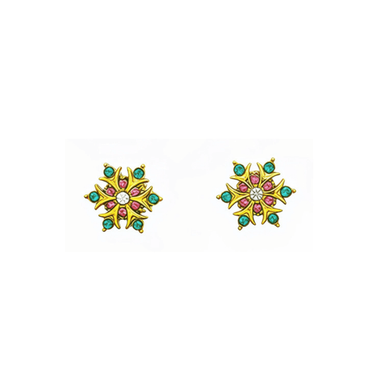 Gold rainbow sunburst crystal stud earrings with multicolour stones in a gold setting.