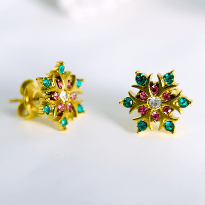 Gold rainbow sunburst crystal stud earrings with multicolour stones in a gold setting.