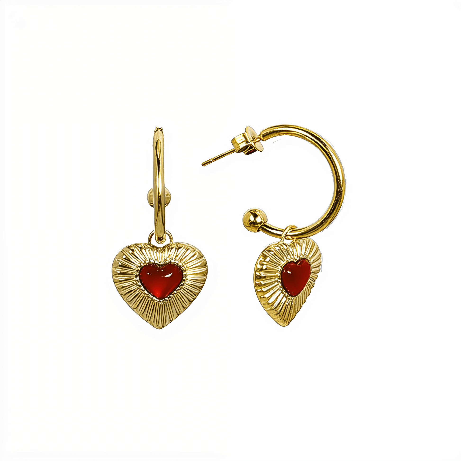 Gold hoop earrings featuring a textured heart charm with a red agate stone centre