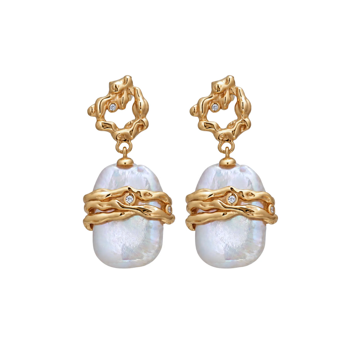 MXW Jewellery Gold vermeil drop earrings with a large baroque freshwater pearl wrapped in textured gold bands below an open molten stud