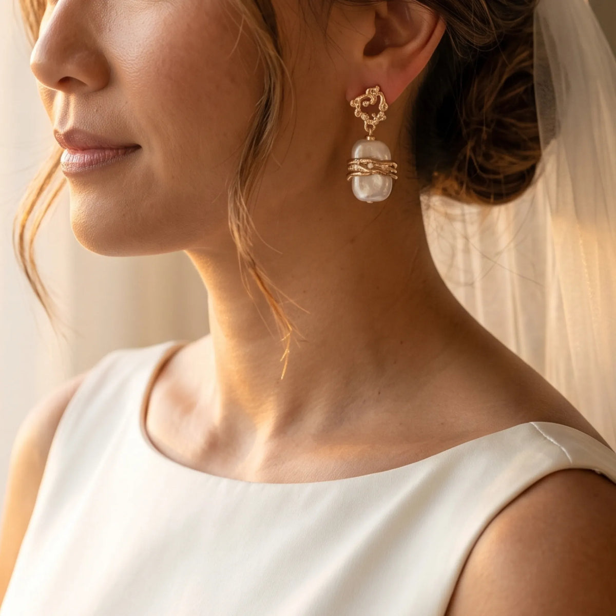 MXW Jewellery Gold vermeil drop earrings with a large baroque freshwater pearl wrapped in textured gold bands below an open molten stud