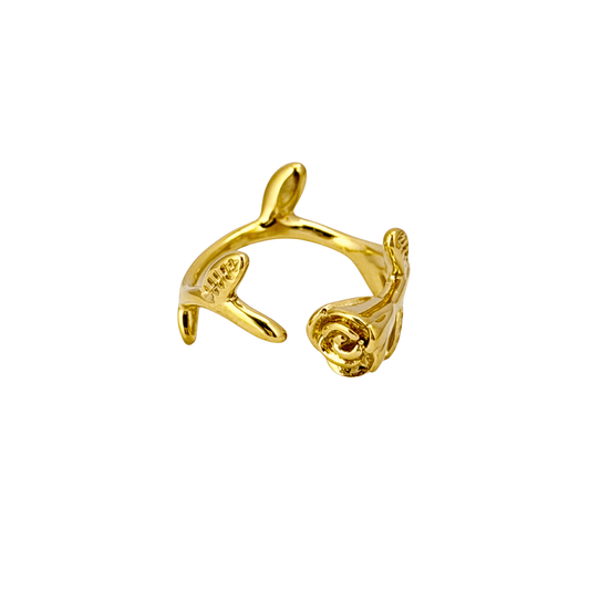 Gold rosebud vine ring with sculpted floral and leaf details, adjustable waterproof gold ring by MXW Jewellery.
