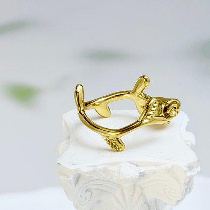 Gold rosebud vine ring with sculpted floral and leaf details, adjustable waterproof gold ring by MXW Jewellery.