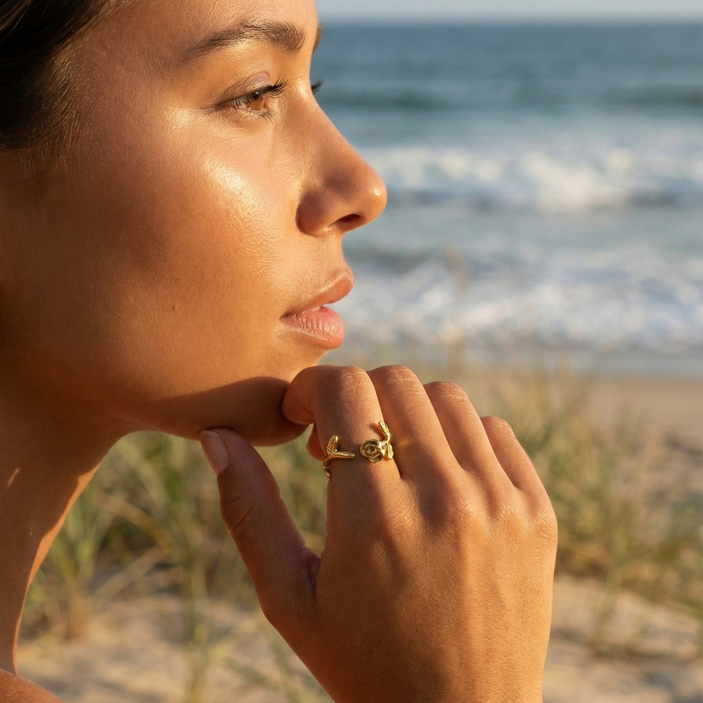 Gold rosebud vine ring with sculpted floral and leaf details, adjustable waterproof gold ring by MXW Jewellery.