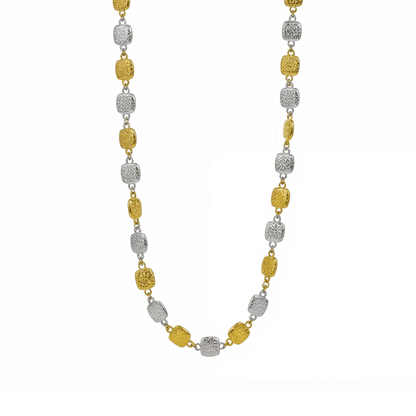 Gold and silver textured square link chain necklace featuring alternating two-tone engraved links with a classic, polished finish.