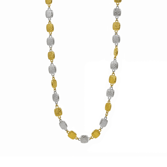 Gold and silver textured square link chain necklace featuring alternating two-tone engraved links with a classic, polished finish.