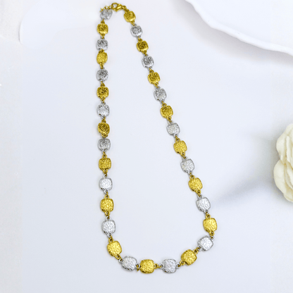 Gold and silver textured square link chain necklace featuring alternating two-tone engraved links with a classic, polished finish.